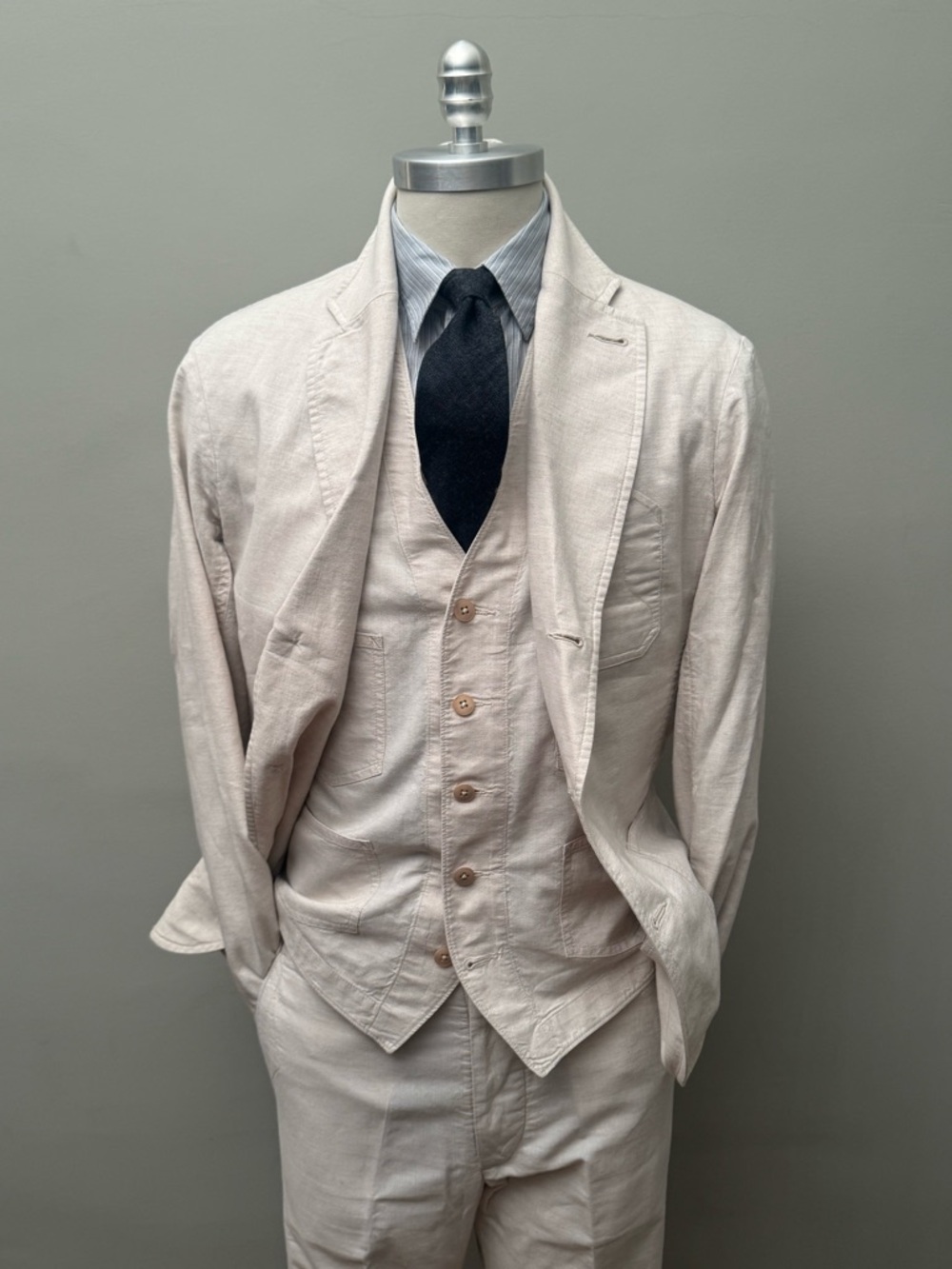 Double RL RRL Men’s XS Beige Cotton-Linen Unstructured 3-Piece Suit, Buckle Back